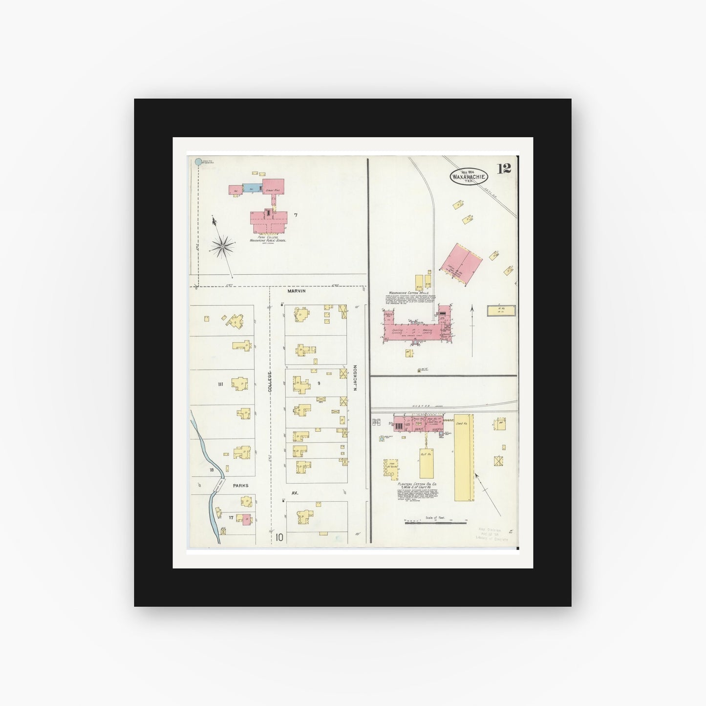 Old map wall art mockup — black gallery frame with white mat — Sanborn Fire Insurance Map from Waxahachie, Ellis County, Texas (1904), Sheet #0012
