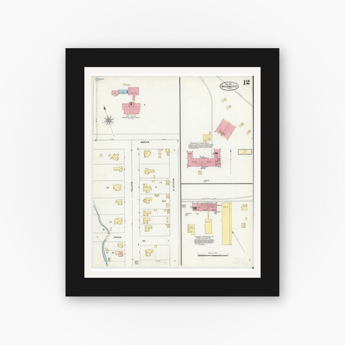 Old map wall art mockup — black gallery frame with white mat — Sanborn Fire Insurance Map from Waxahachie, Ellis County, Texas (1904), Sheet #0012