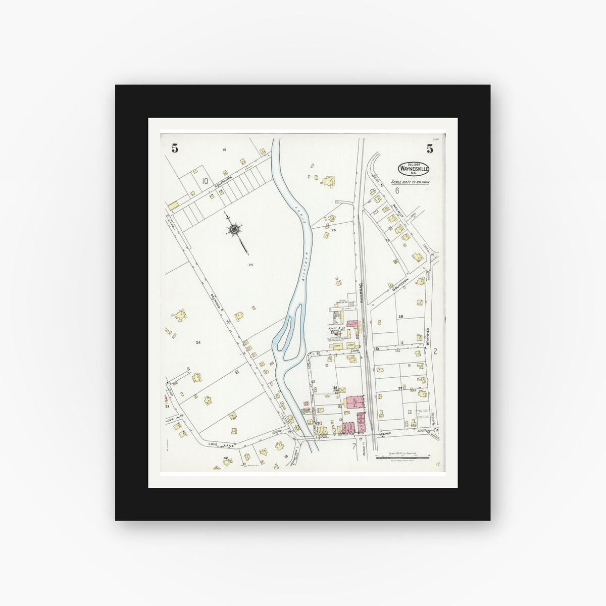 Old map wall art mockup — black gallery frame with white mat — Sanborn Fire Insurance Map from Waynesville, Haywood County, North Carolina (1924), Sheet #0005