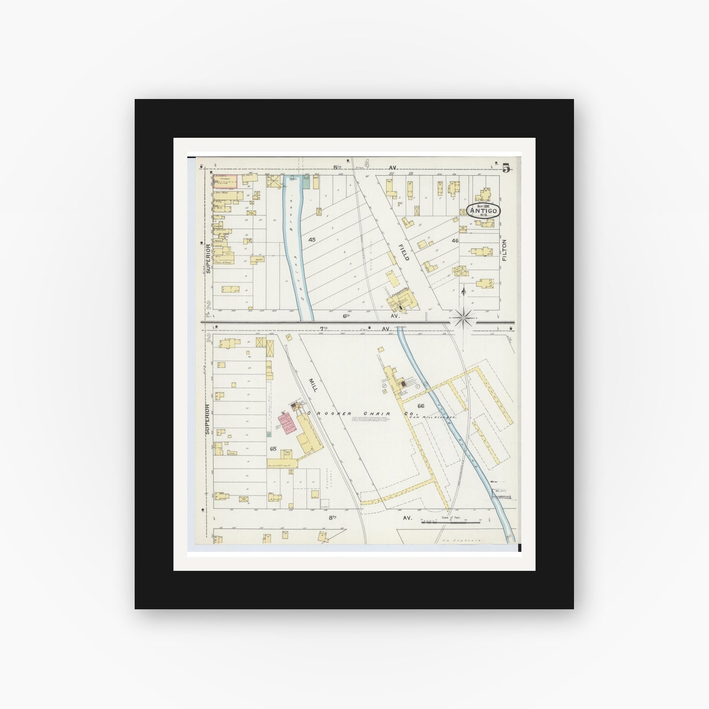 Old map wall art mockup — black gallery frame with white mat — Sanborn Fire Insurance Map from Antigo, Langlade County, Wisconsin (1892), Sheet #0005