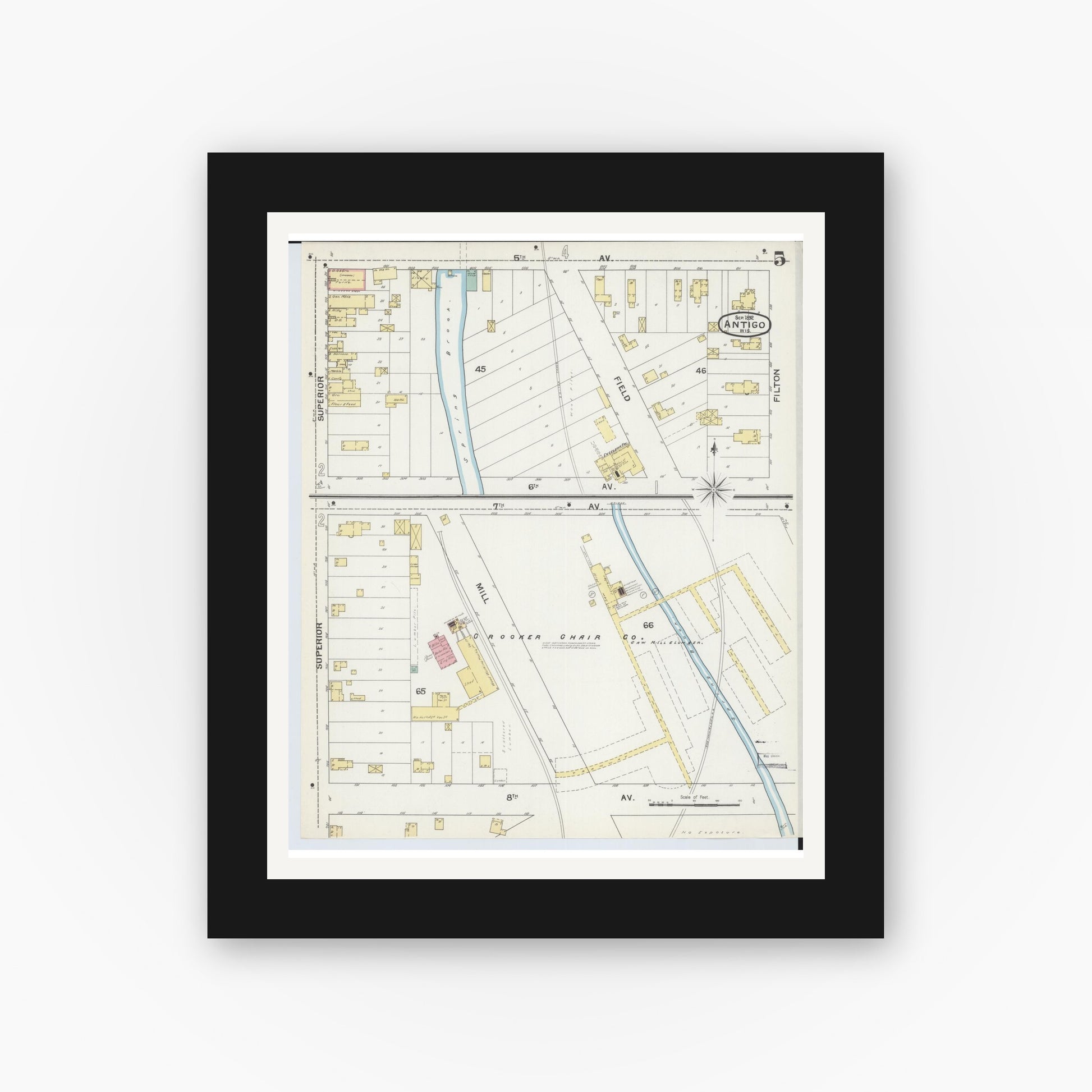 Old map wall art mockup — black gallery frame with white mat — Sanborn Fire Insurance Map from Antigo, Langlade County, Wisconsin (1892), Sheet #0005