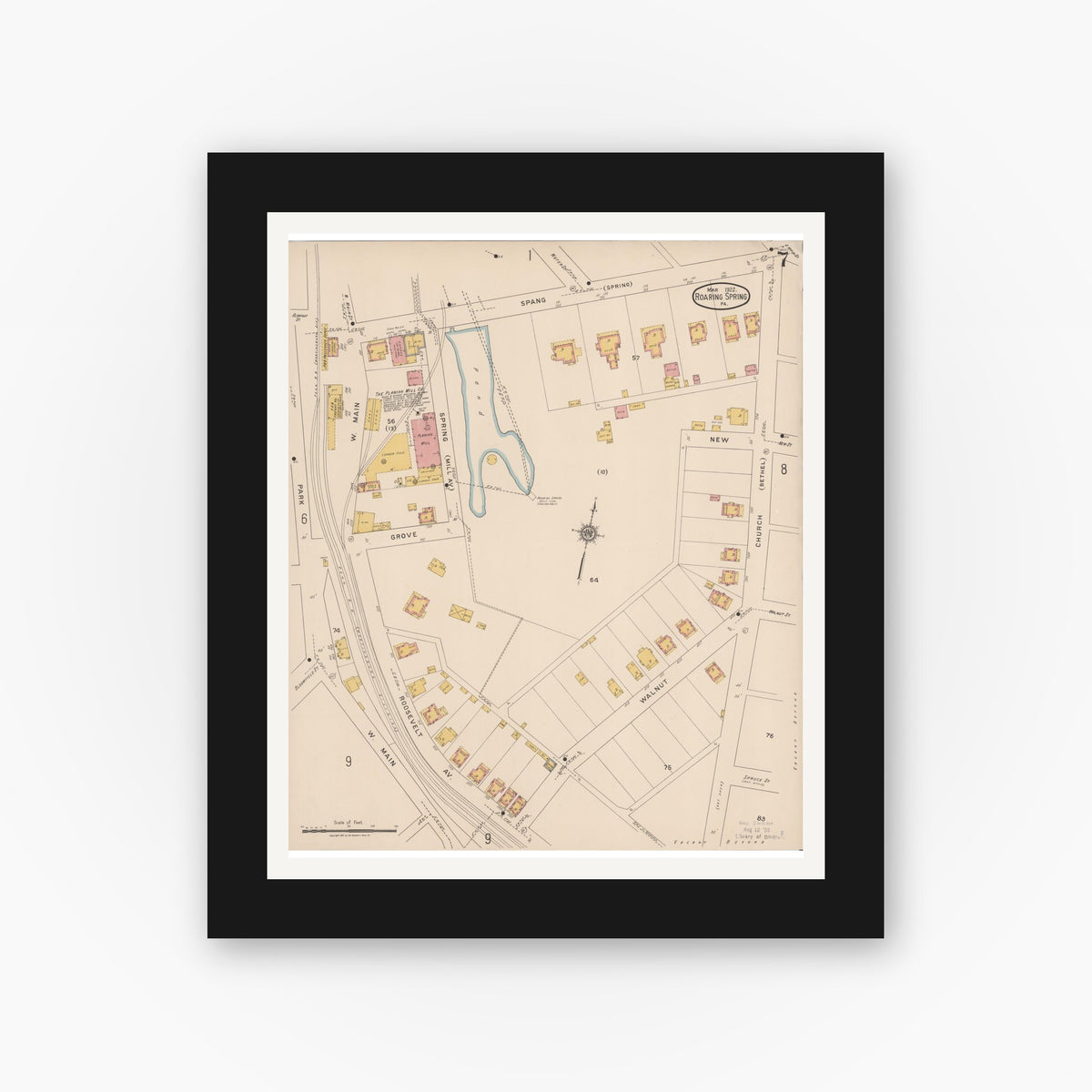 Old map wall art mockup — black gallery frame with white mat — Sanborn Fire Insurance Map from Roaring Spring, Blair County, Pennsylvania (1922), Sheet #0007