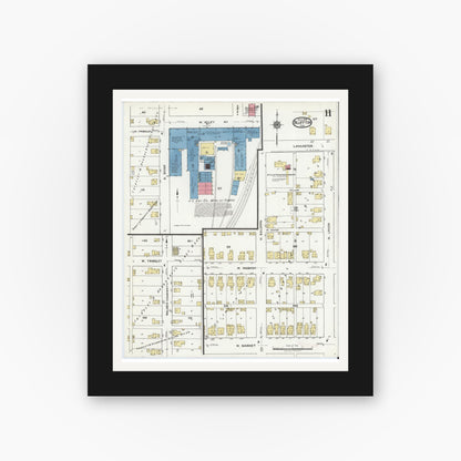 Old map wall art mockup — black gallery frame with white mat — Sanborn Fire Insurance Map from Bluffton, Wells County, Indiana (1919), Sheet #0011