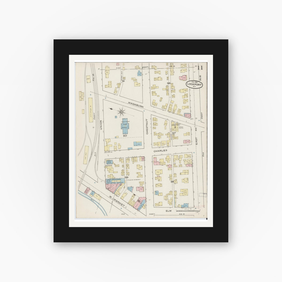 Old map wall art mockup — black gallery frame with white mat — Sanborn Fire Insurance Map from Lockport, Niagara County, New York (1886), Sheet #0010
