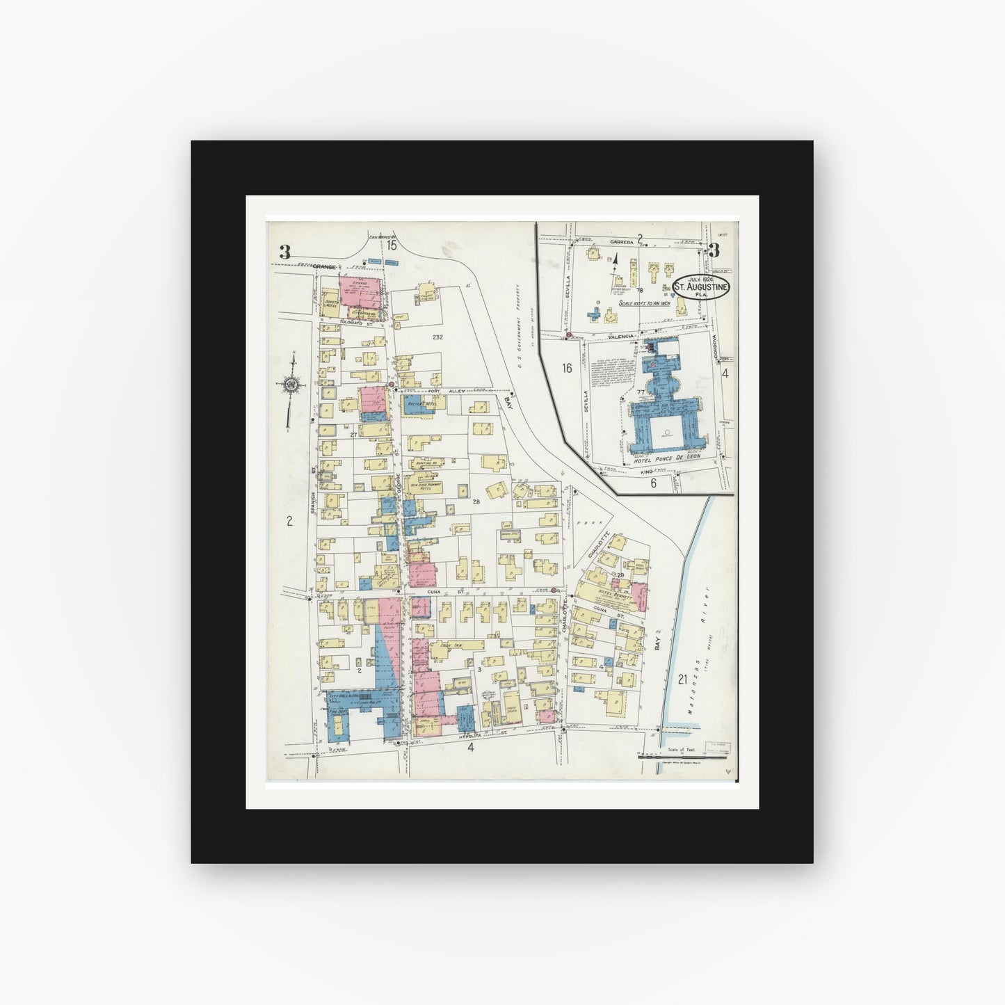 Old map wall art mockup — black gallery frame with white mat — Sanborn Fire Insurance Map from Saint Augustine, Saint John's County, Florida (1924), Sheet #0003