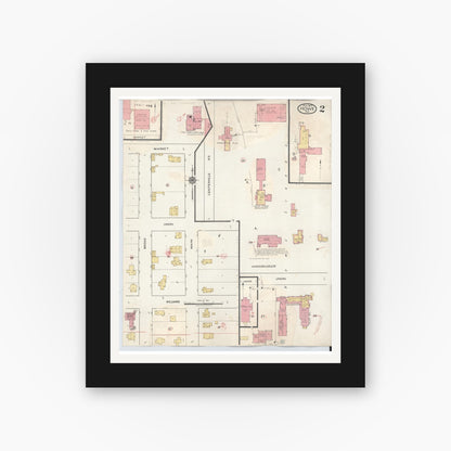 Old map wall art mockup — black gallery frame with white mat — Sanborn Fire Insurance Map from Howe, LaGrange County, Indiana (1933), Sheet #0002