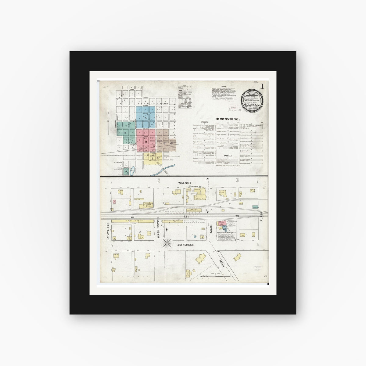 Old map wall art mockup — black gallery frame with white mat — Sanborn Fire Insurance Map from Rochelle, Ogle County, Illinois (1893), Sheet #0001