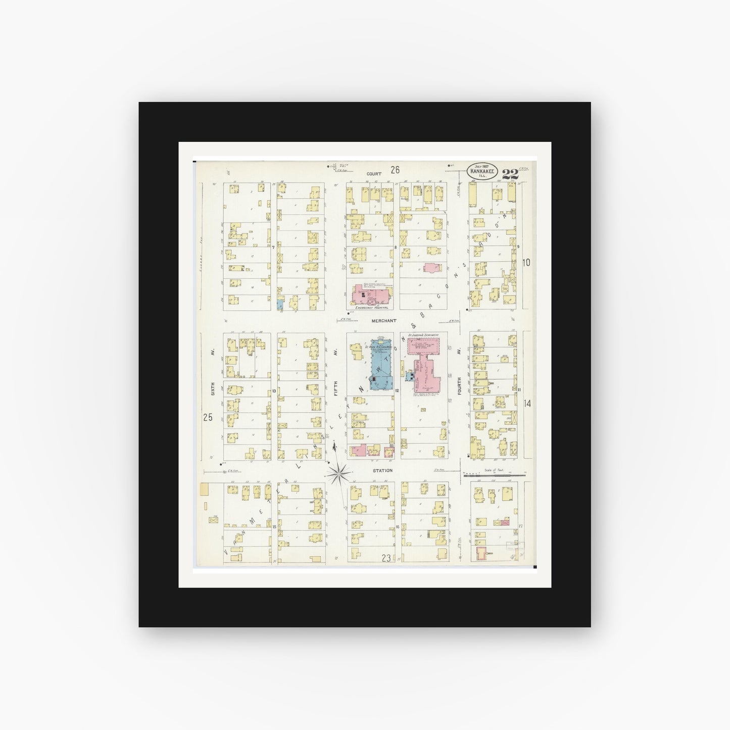 Old map wall art mockup — black gallery frame with white mat — Sanborn Fire Insurance Map from Kankakee, Kankakee County, Illinois (1907), Sheet #0022