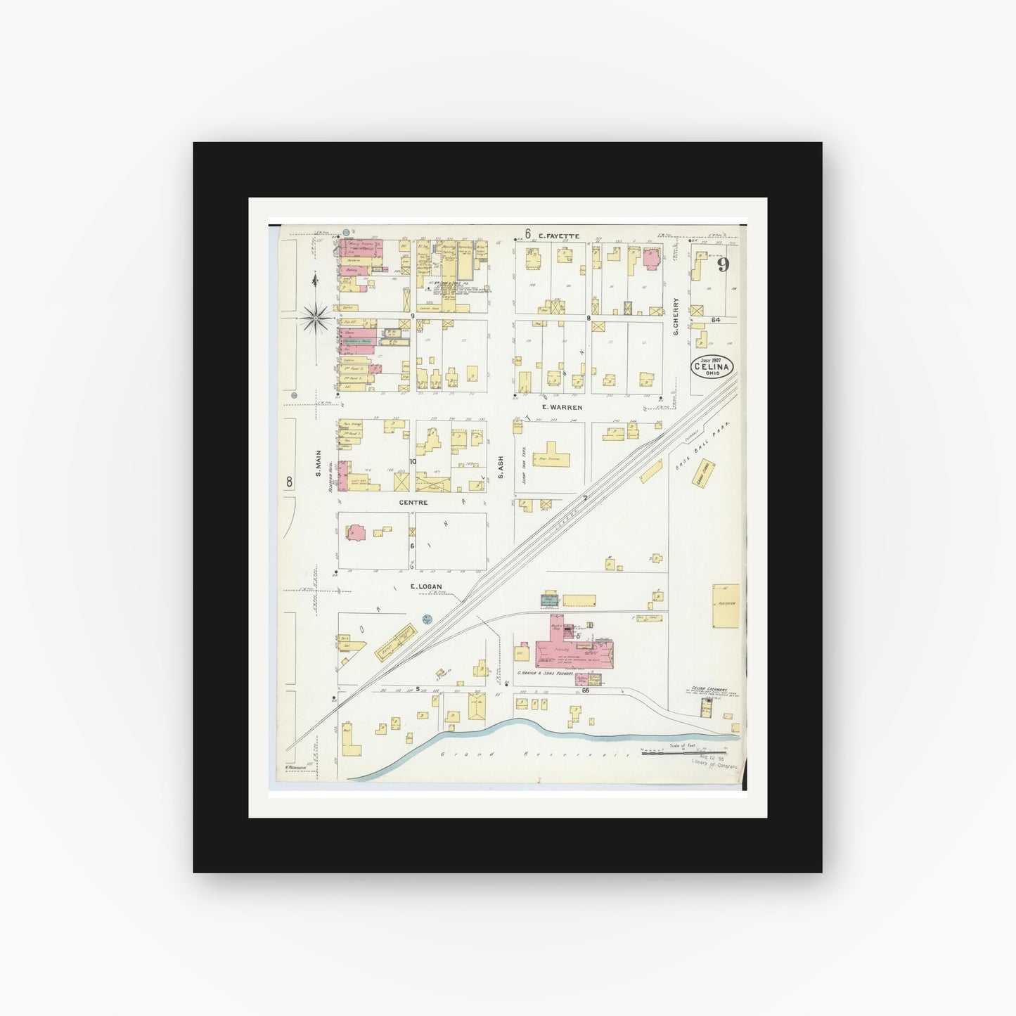 Old map wall art mockup — black gallery frame with white mat — Sanborn Fire Insurance Map from Celina, Mercer County, Ohio (1907), Sheet #0009