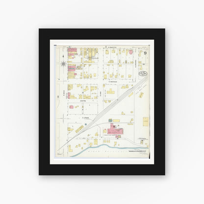 Old map wall art mockup — black gallery frame with white mat — Sanborn Fire Insurance Map from Celina, Mercer County, Ohio (1907), Sheet #0009