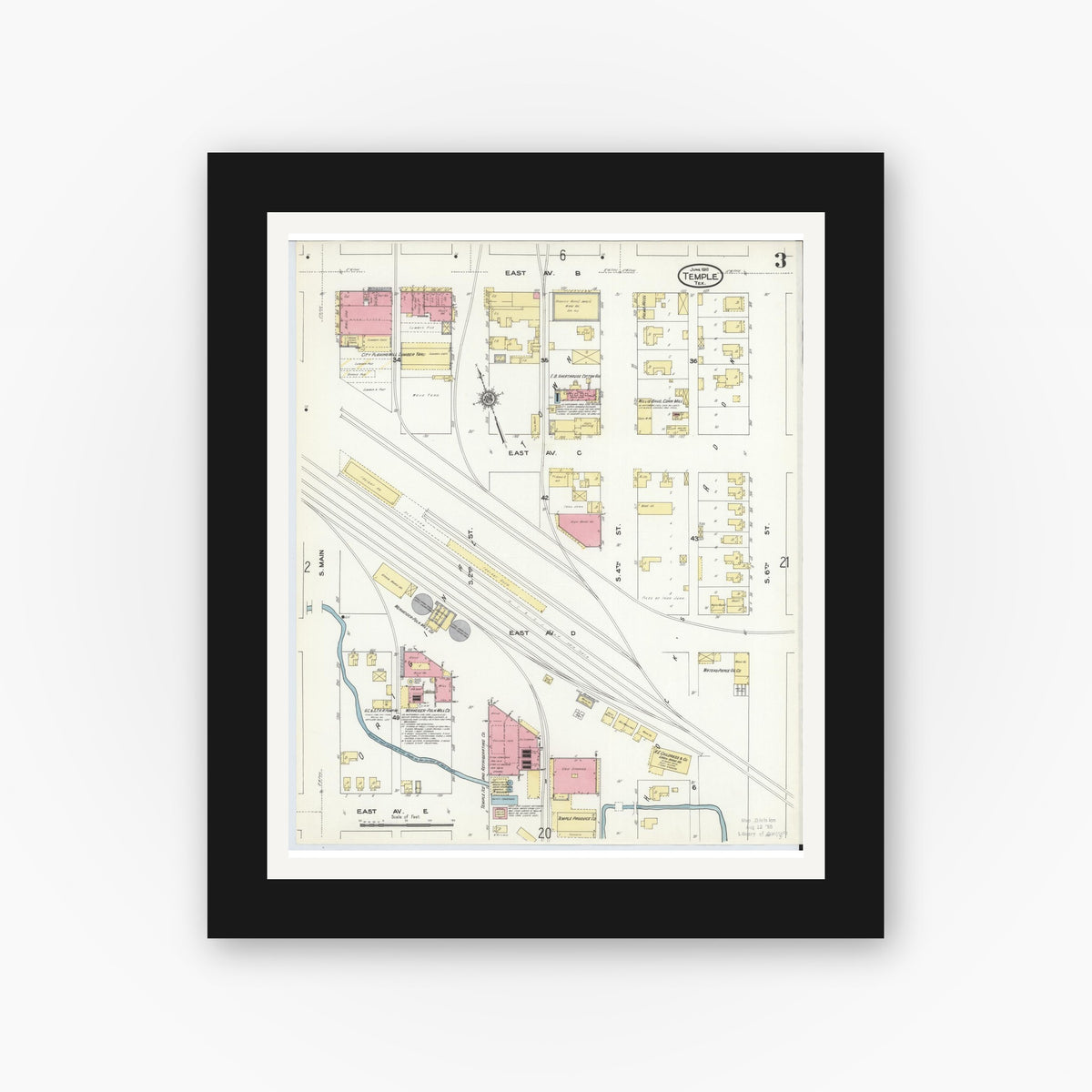 Old map wall art mockup — black gallery frame with white mat — Sanborn Fire Insurance Map from Temple, Bell County, Texas (1910), Sheet #0003