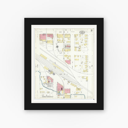 Old map wall art mockup — black gallery frame with white mat — Sanborn Fire Insurance Map from Temple, Bell County, Texas (1910), Sheet #0003
