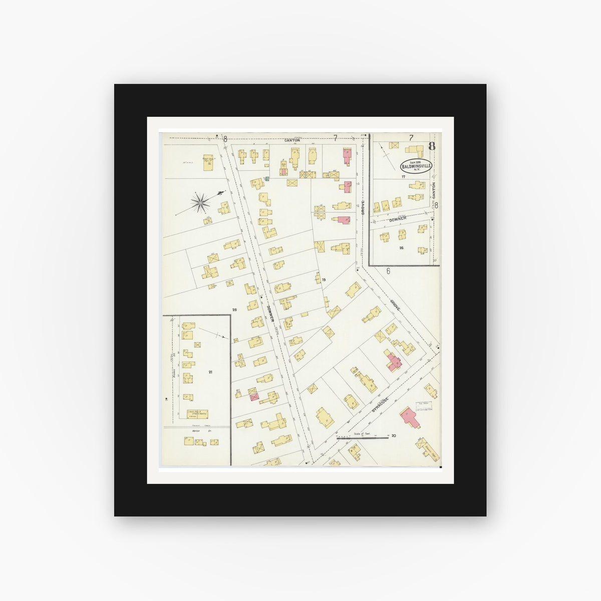 Old map wall art mockup — black gallery frame with white mat — Sanborn Fire Insurance Map from Baldwinsville, Onondaga County, New York (1906), Sheet #0008