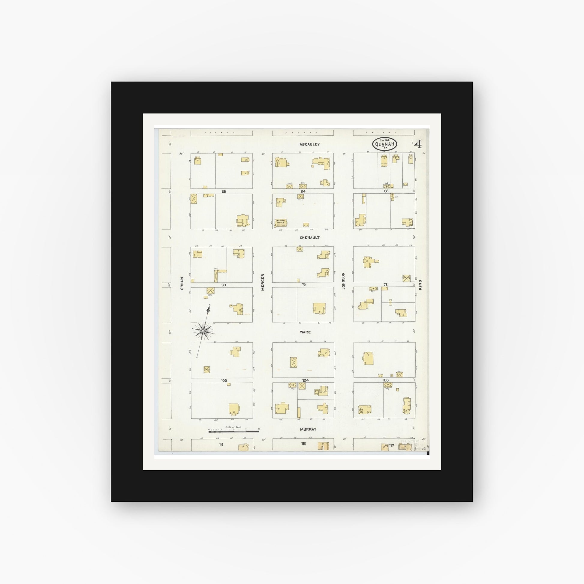 Old map wall art mockup — black gallery frame with white mat — Sanborn Fire Insurance Map from Quanah, Hardeman County, Texas (1904), Sheet #0004