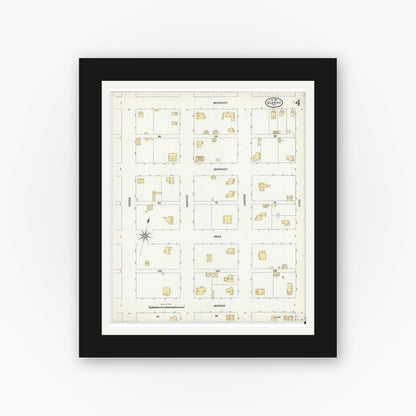 Old map wall art mockup — black gallery frame with white mat — Sanborn Fire Insurance Map from Quanah, Hardeman County, Texas (1904), Sheet #0004