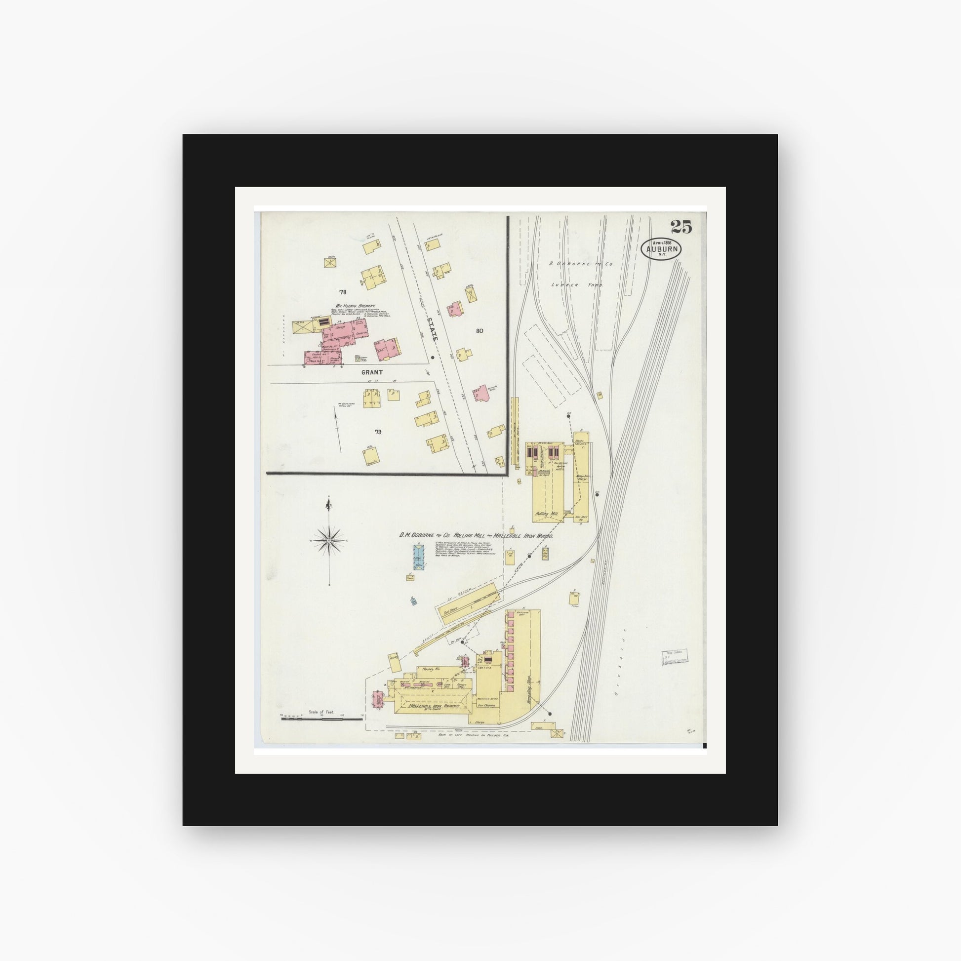 Old map wall art mockup — black gallery frame with white mat — Sanborn Fire Insurance Map from Auburn, Cayuga County, New York (1898), Sheet #0025