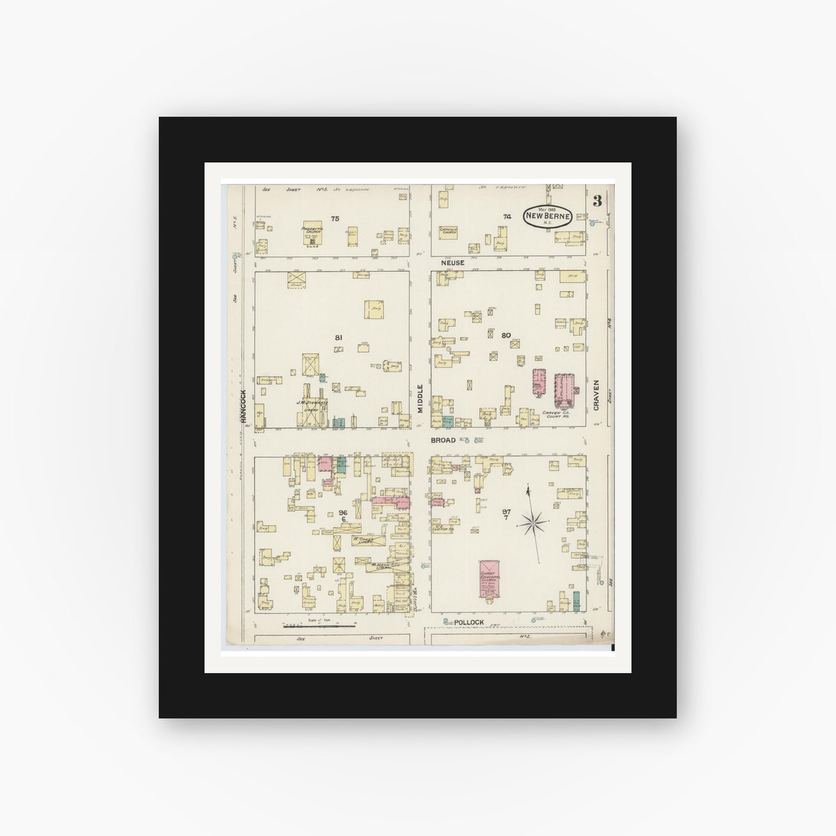 Old map wall art mockup — black gallery frame with white mat — Sanborn Fire Insurance Map from New Bern, Craven County, North Carolina (1888), Sheet #0003