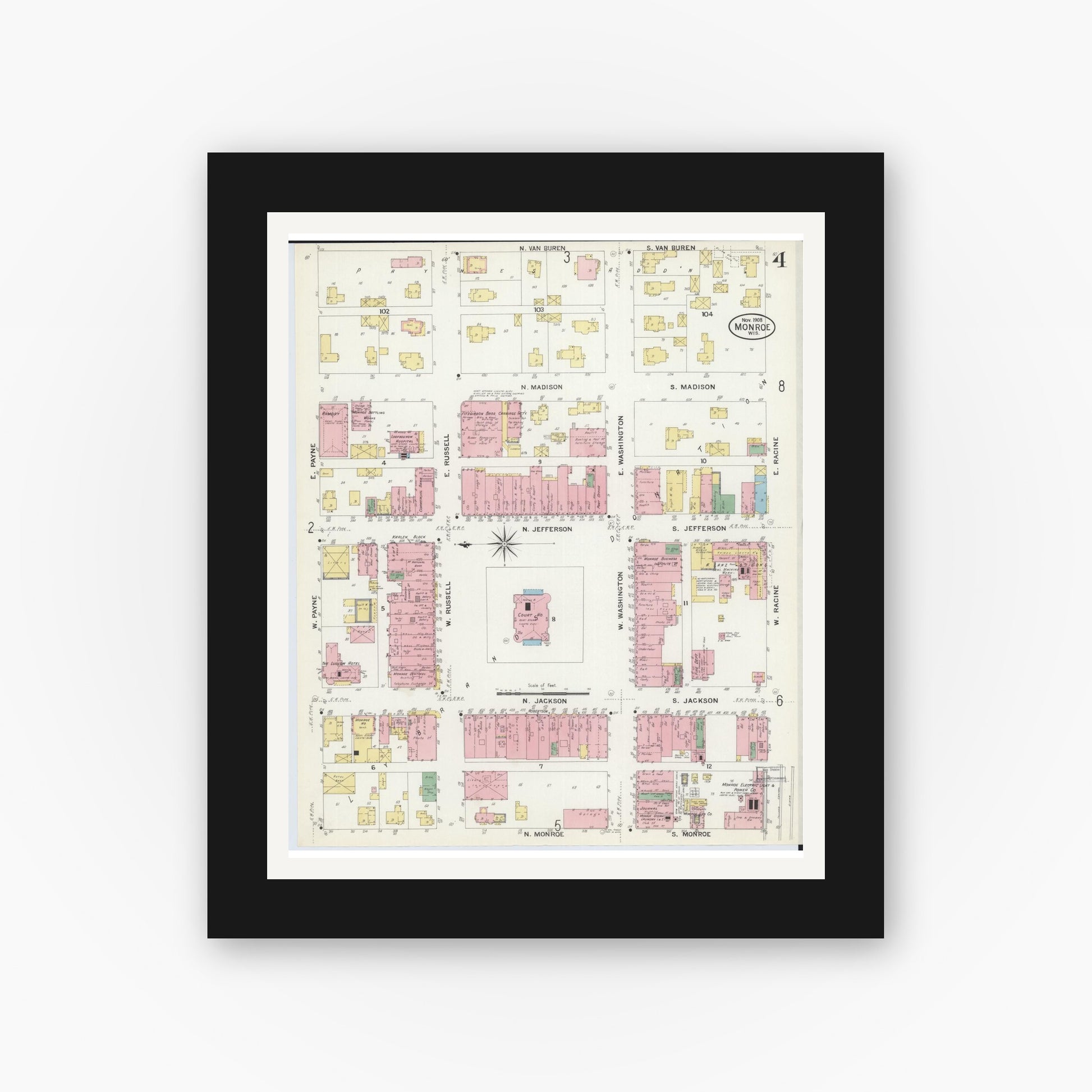 Old map wall art mockup — black gallery frame with white mat — Sanborn Fire Insurance Map from Monroe, Green County, Wisconsin (1908), Sheet #0004