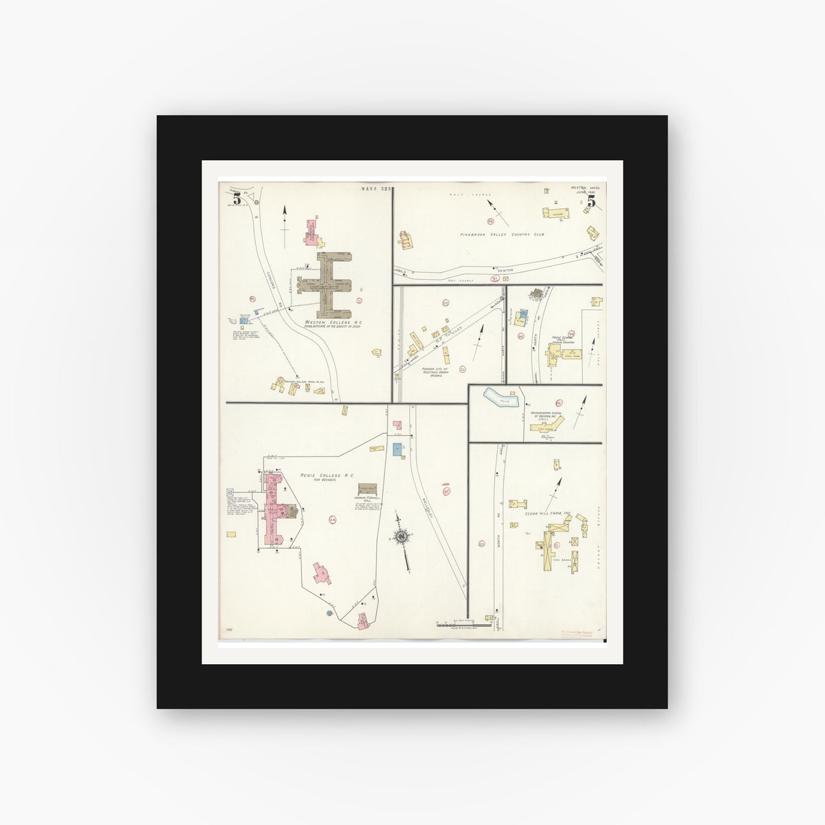 Old map wall art mockup — black gallery frame with white mat — Sanborn Fire Insurance Map from Weston, Middlesex County, Massachusetts (1941), Sheet #0005