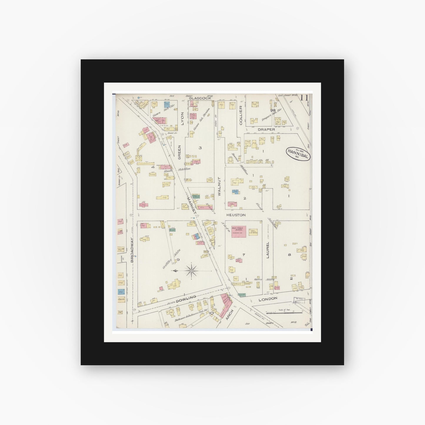 Old map wall art mockup — black gallery frame with white mat — Sanborn Fire Insurance Map from Hannibal, Marion County, Missouri (1885), Sheet #0011