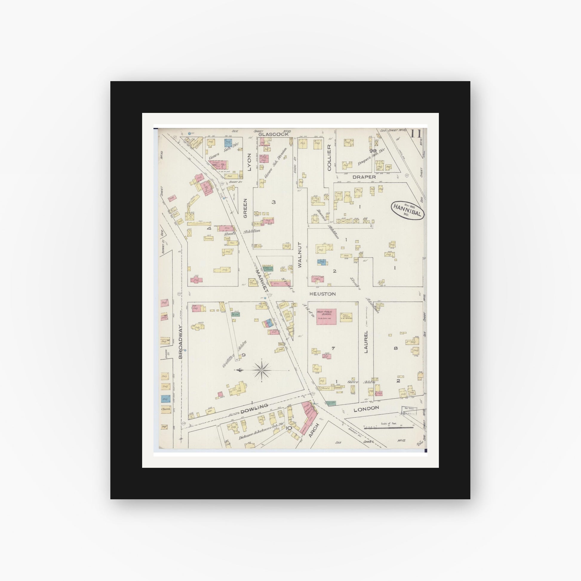 Old map wall art mockup — black gallery frame with white mat — Sanborn Fire Insurance Map from Hannibal, Marion County, Missouri (1885), Sheet #0011