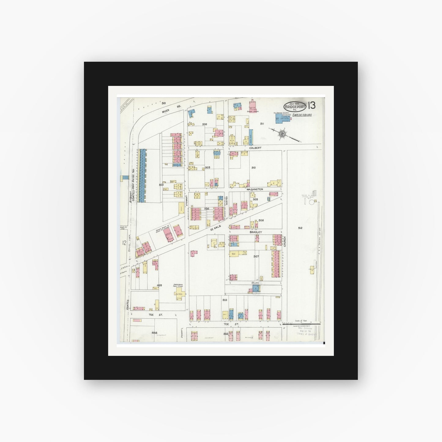 Old map wall art mockup — black gallery frame with white mat — Sanborn Fire Insurance Map from Bridgeport, Montgomery County, Pennsylvania (1920), Sheet #0013