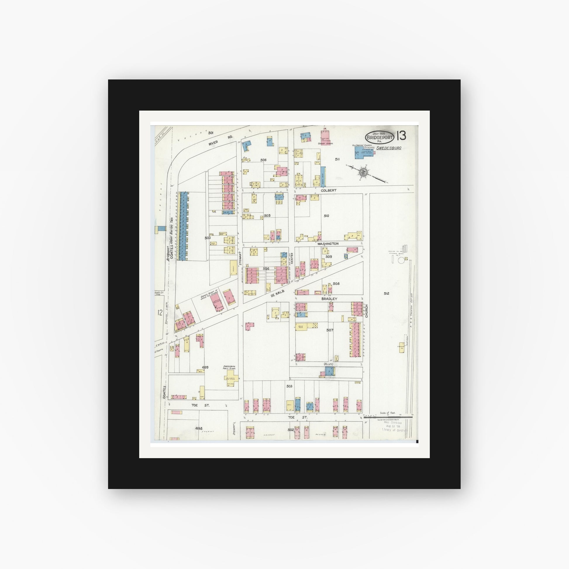 Old map wall art mockup — black gallery frame with white mat — Sanborn Fire Insurance Map from Bridgeport, Montgomery County, Pennsylvania (1920), Sheet #0013