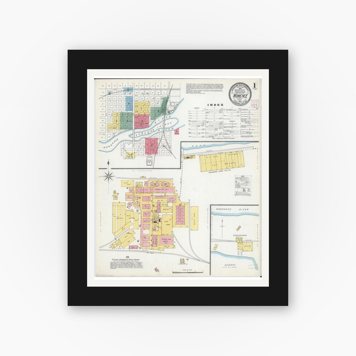 Old map wall art mockup — black gallery frame with white mat — Sanborn Fire Insurance Map from Momence, Kankakee County, Illinois (1907) - Complete Map Set