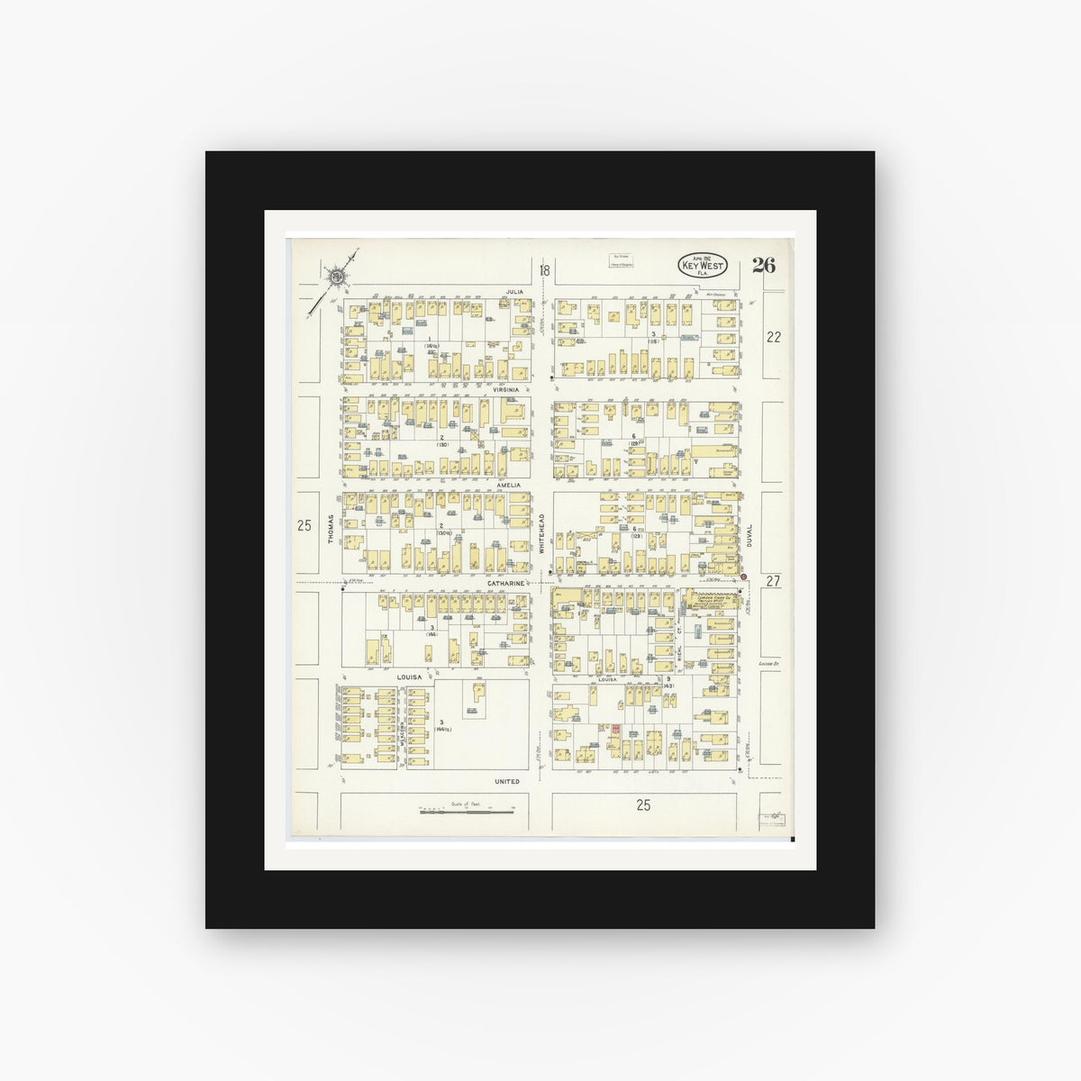 Old map wall art mockup — black gallery frame with white mat — Sanborn Fire Insurance Map from Key West, Monroe County, Florida (1912), Sheet #0026