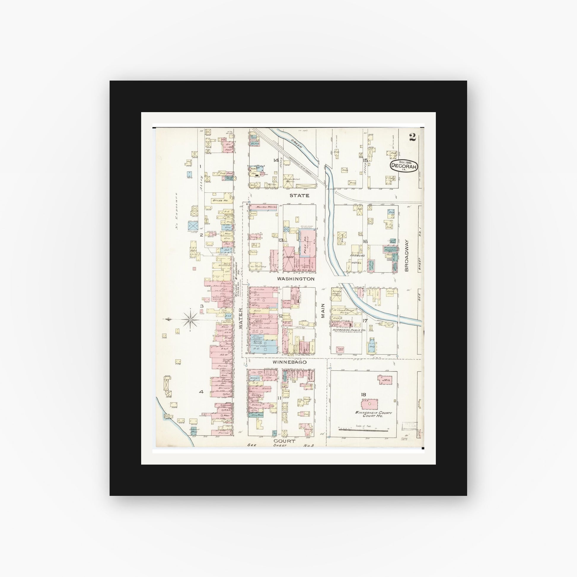Old map wall art mockup — black gallery frame with white mat — Sanborn Fire Insurance Map from Decorah, Winneshiek County, Iowa (1885), Sheet #0002