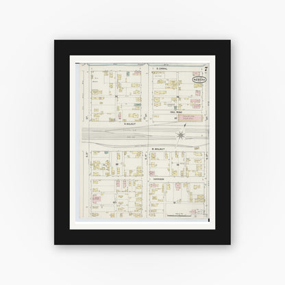Old map wall art mockup — black gallery frame with white mat — Sanborn Fire Insurance Map from Newark, Licking County, Ohio (1889), Sheet #0007