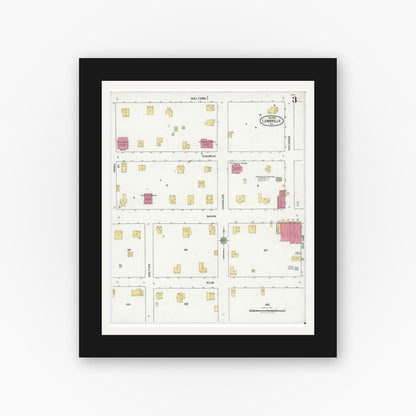 Old map wall art mockup — black gallery frame with white mat — Sanborn Fire Insurance Map from Lewisville, Denton County, Texas (1921), Sheet #0003