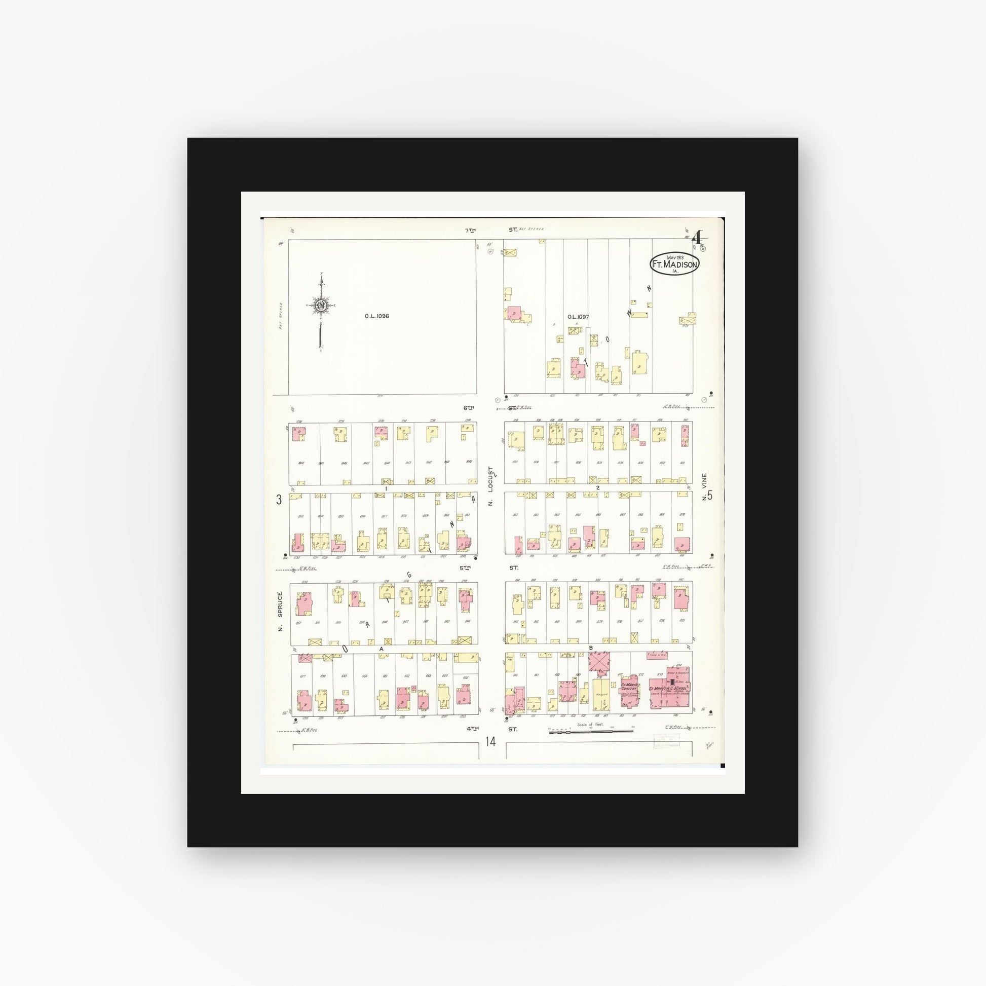 Old map wall art mockup — black gallery frame with white mat — Sanborn Fire Insurance Map from Fort Madison, Lee County, Iowa (1913), Sheet #0004
