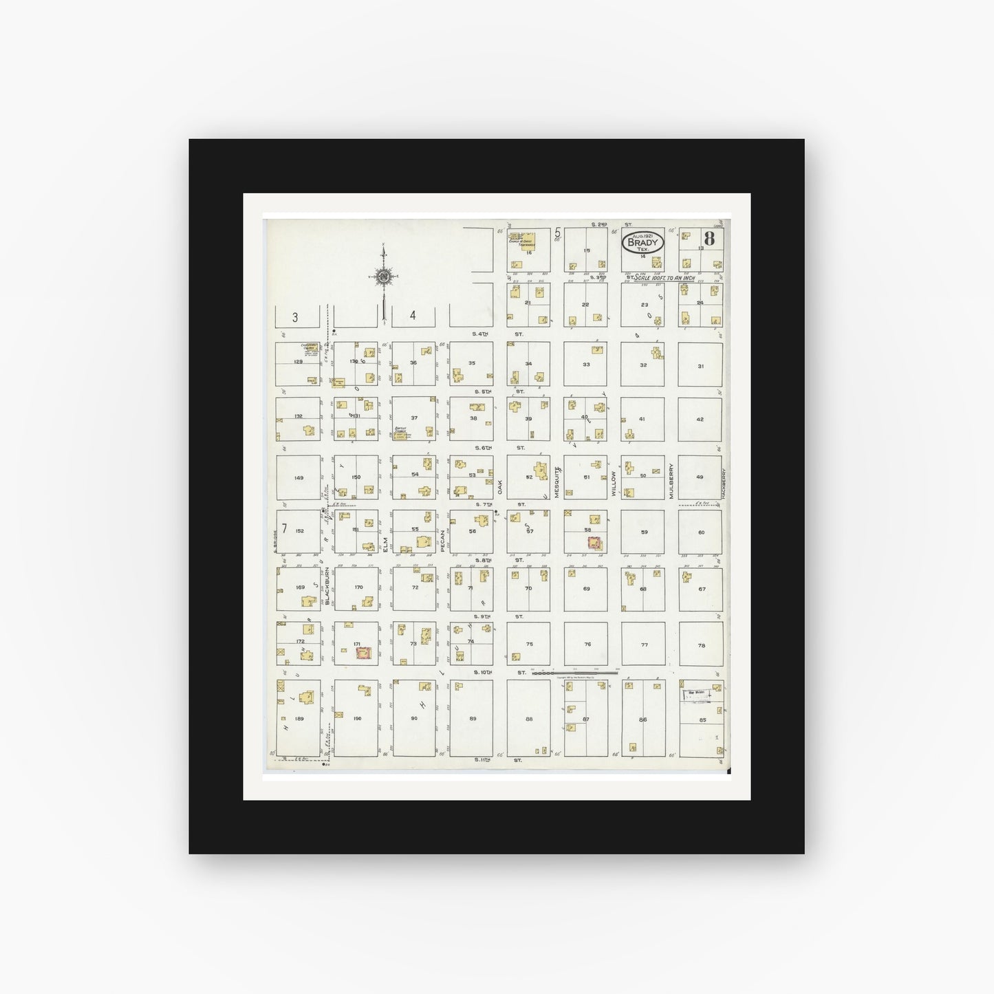 Old map wall art mockup — black gallery frame with white mat — Sanborn Fire Insurance Map from Brady, McCulloch County, Texas (1921), Sheet #0008