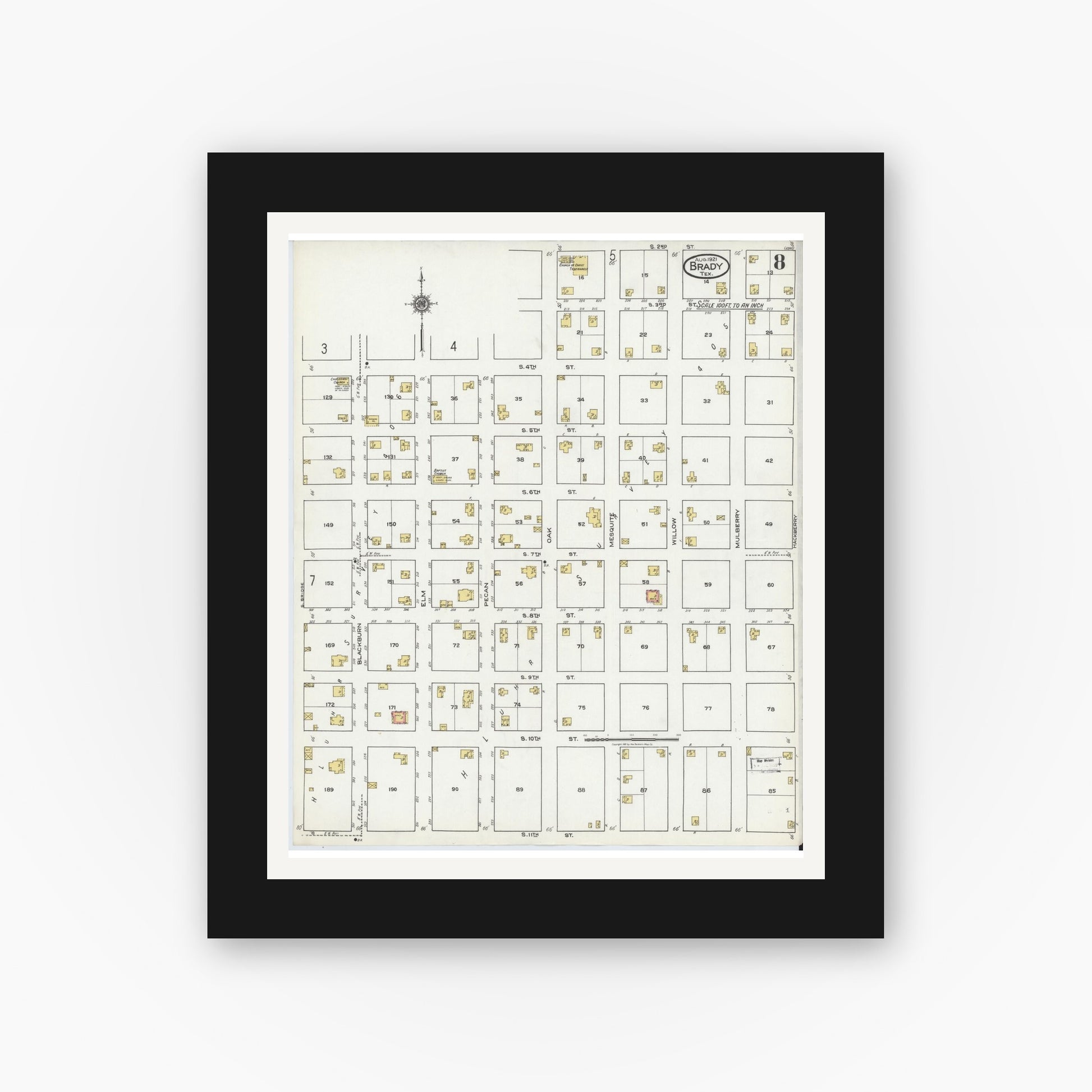 Old map wall art mockup — black gallery frame with white mat — Sanborn Fire Insurance Map from Brady, McCulloch County, Texas (1921), Sheet #0008