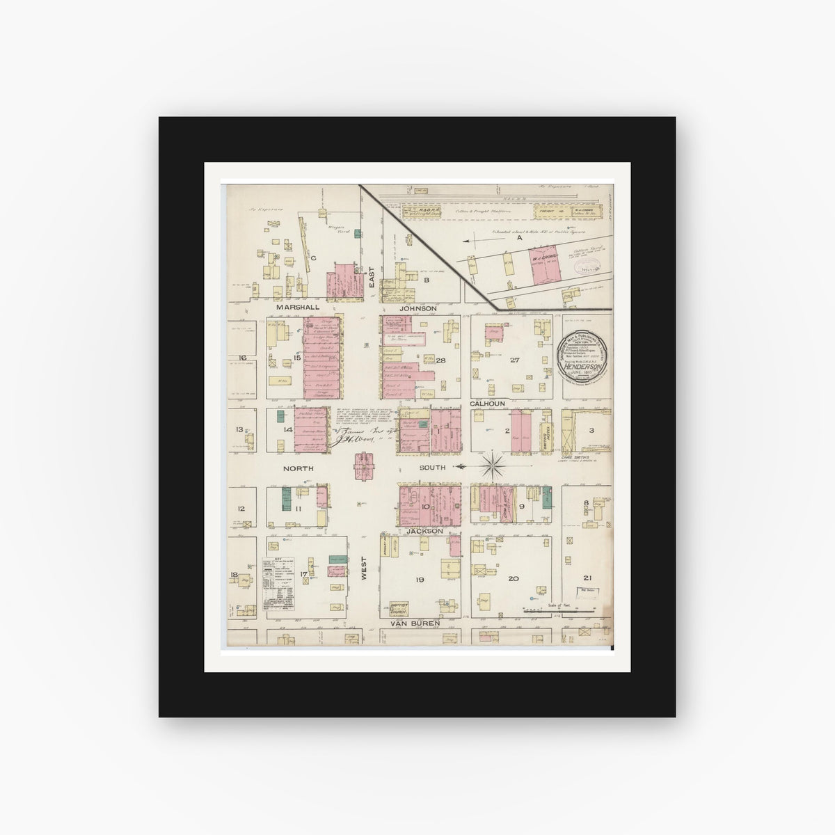 Old map wall art mockup — black gallery frame with white mat — Sanborn Fire Insurance Map from Henderson, Rusk County, Texas (1885), Sheet #0001