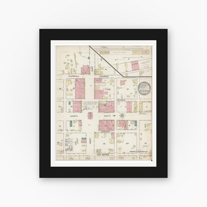 Old map wall art mockup — black gallery frame with white mat — Sanborn Fire Insurance Map from Henderson, Rusk County, Texas (1885), Sheet #0001