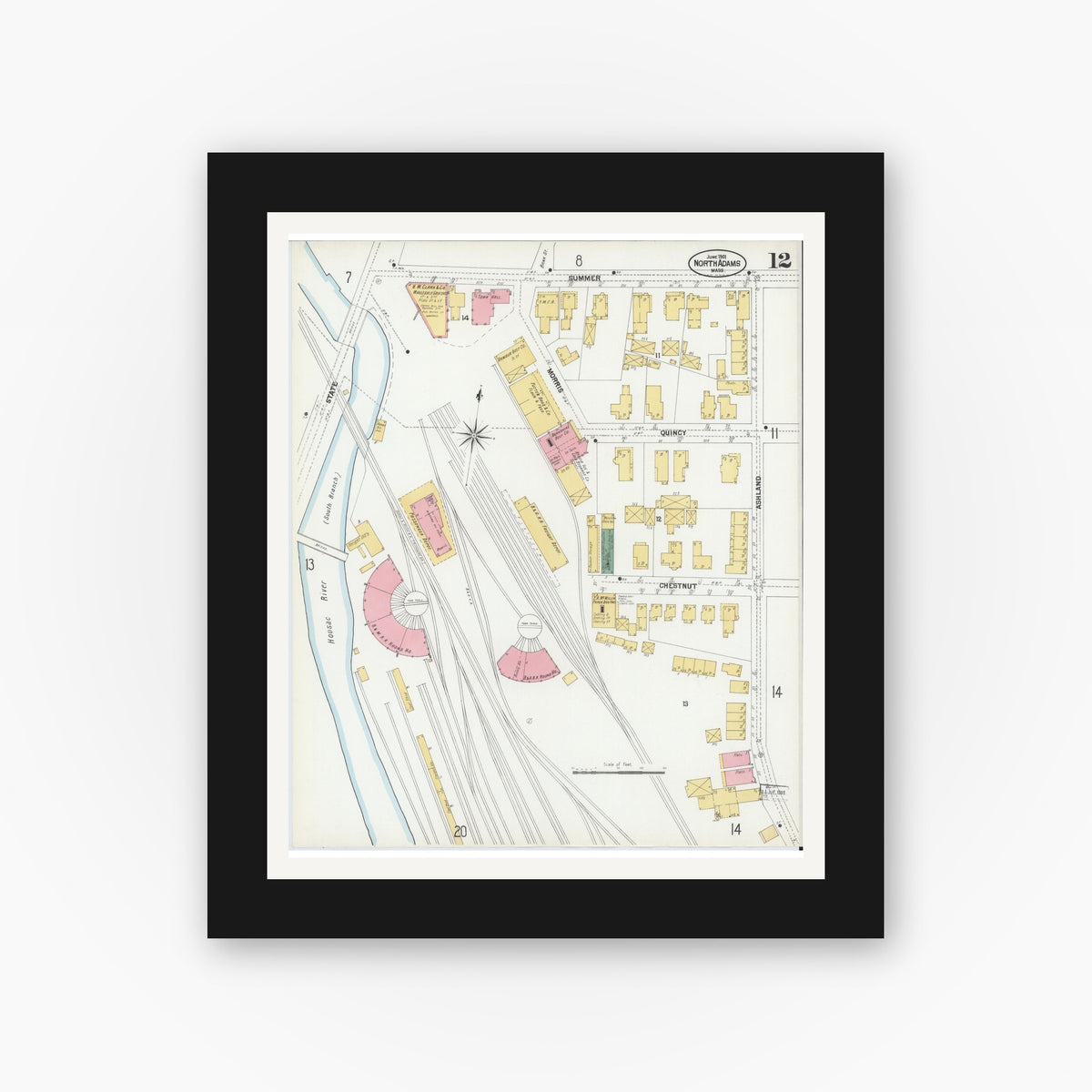 Old map wall art mockup — black gallery frame with white mat — Sanborn Fire Insurance Map from North Adams, Berkshire County, Massachusetts (1901), Sheet #0012
