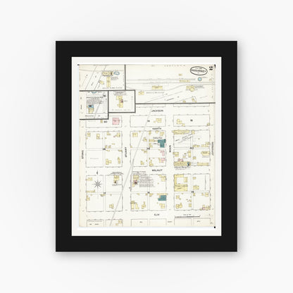 Old map wall art mockup — black gallery frame with white mat — Sanborn Fire Insurance Map from Sigourney, Kiokuk County, Iowa (1888), Sheet #0002