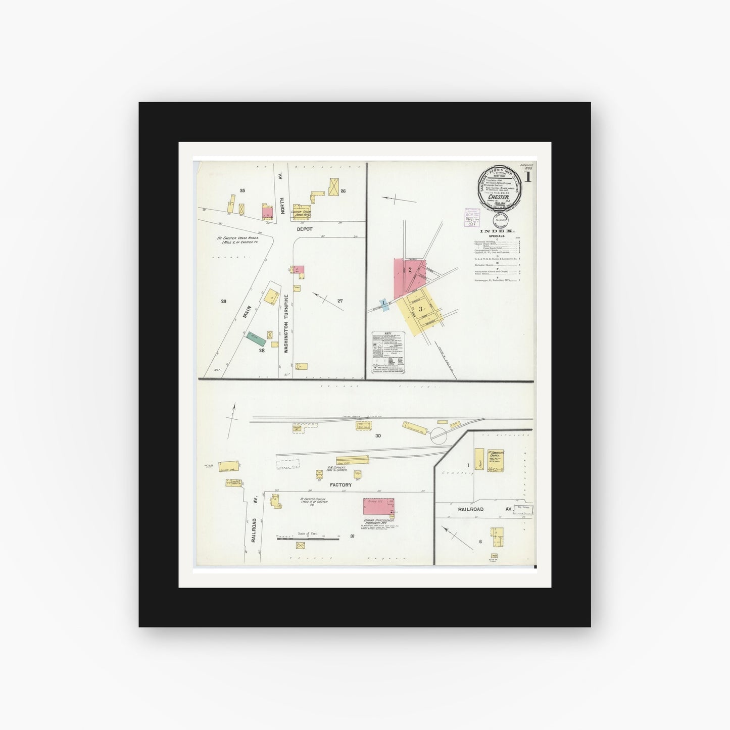 Old map wall art mockup — black gallery frame with white mat — Sanborn Fire Insurance Map from Chester, Morris County, New Jersey (1901), Sheet #0001