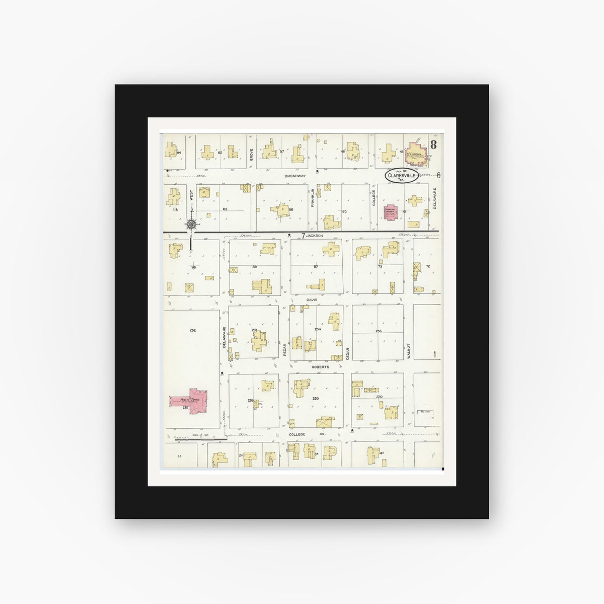 Old map wall art mockup — black gallery frame with white mat — Sanborn Fire Insurance Map from Clarksville, Red River County, Texas (1911), Sheet #0008