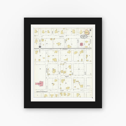 Old map wall art mockup — black gallery frame with white mat — Sanborn Fire Insurance Map from Clarksville, Red River County, Texas (1911), Sheet #0008