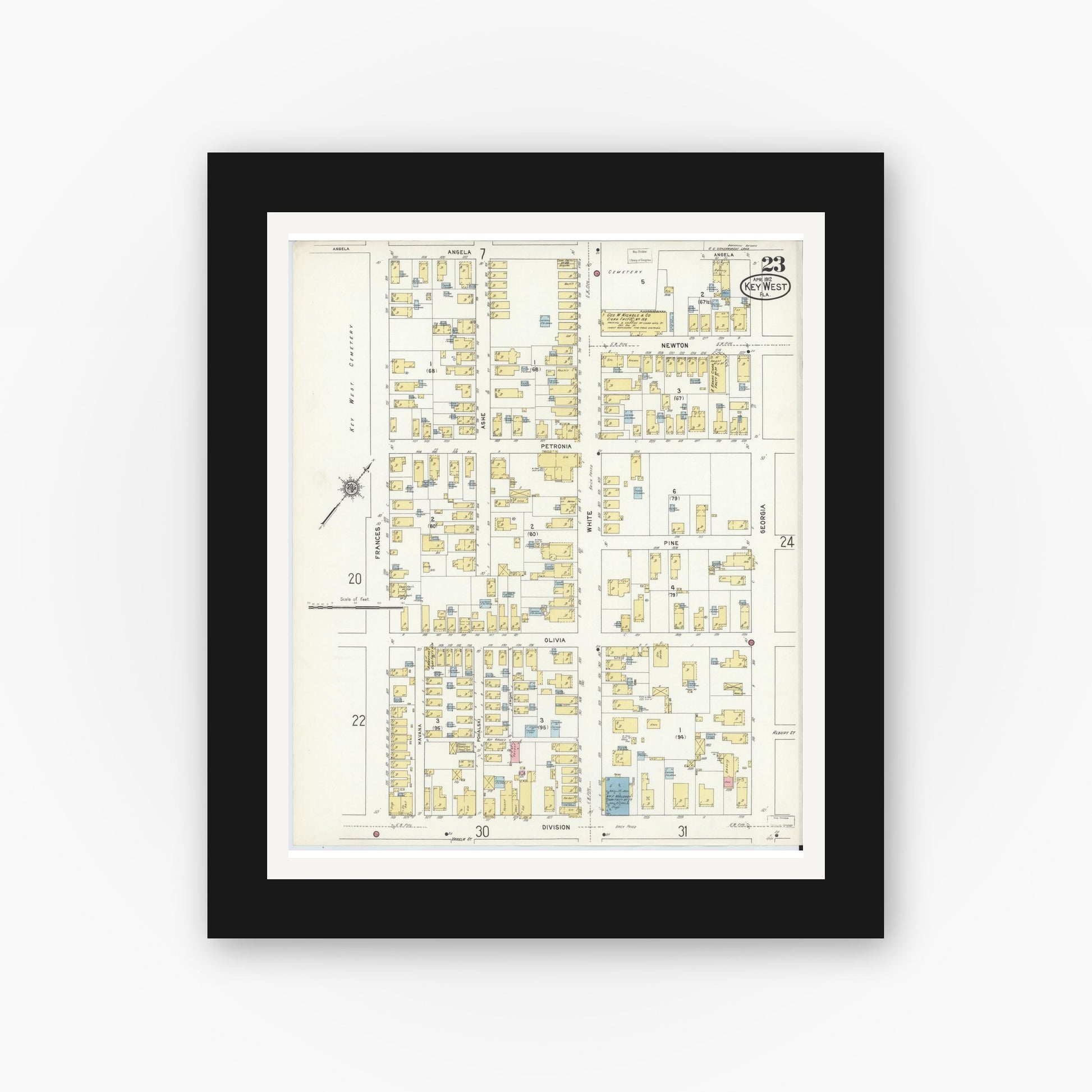Old map wall art mockup — black gallery frame with white mat — Sanborn Fire Insurance Map from Key West, Monroe County, Florida (1912), Sheet #0023