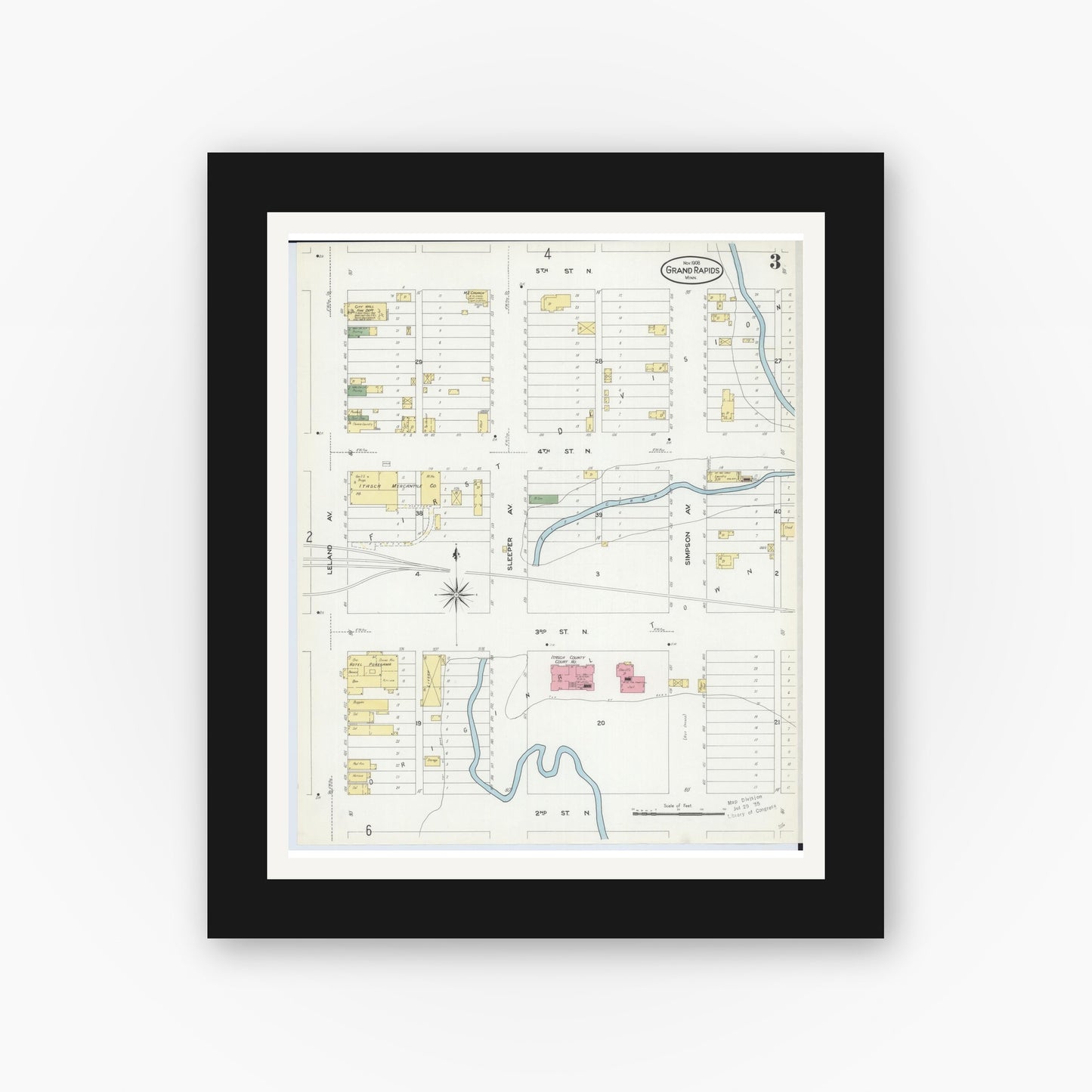 Old map wall art mockup — black gallery frame with white mat — Sanborn Fire Insurance Map from Grand Rapids, Itasca County, Minnesota (1908), Sheet #0003