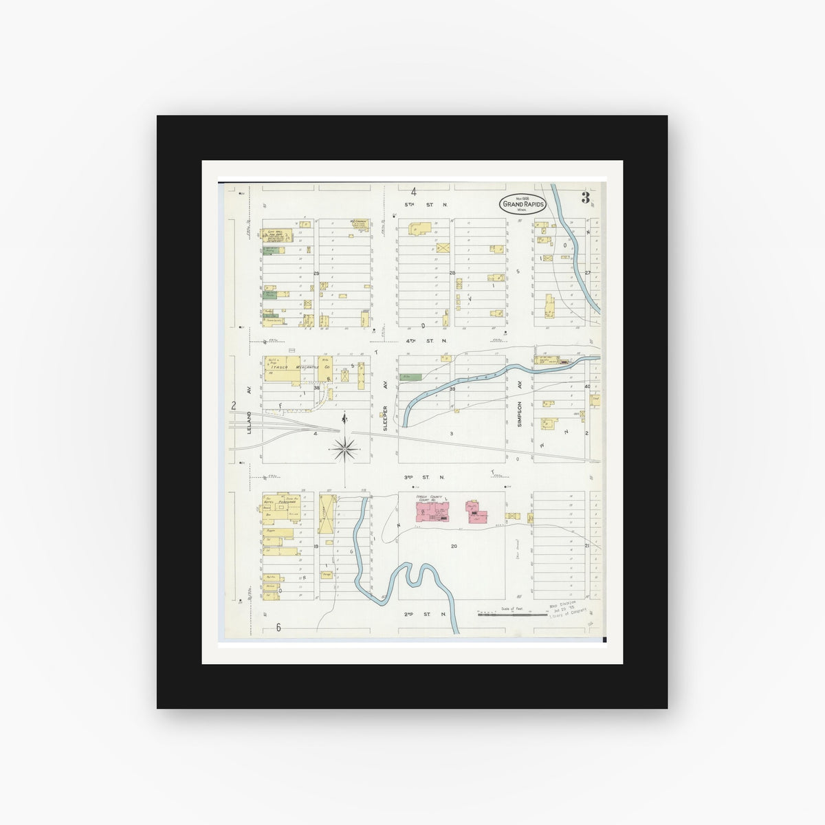 Old map wall art mockup — black gallery frame with white mat — Sanborn Fire Insurance Map from Grand Rapids, Itasca County, Minnesota (1908), Sheet #0003