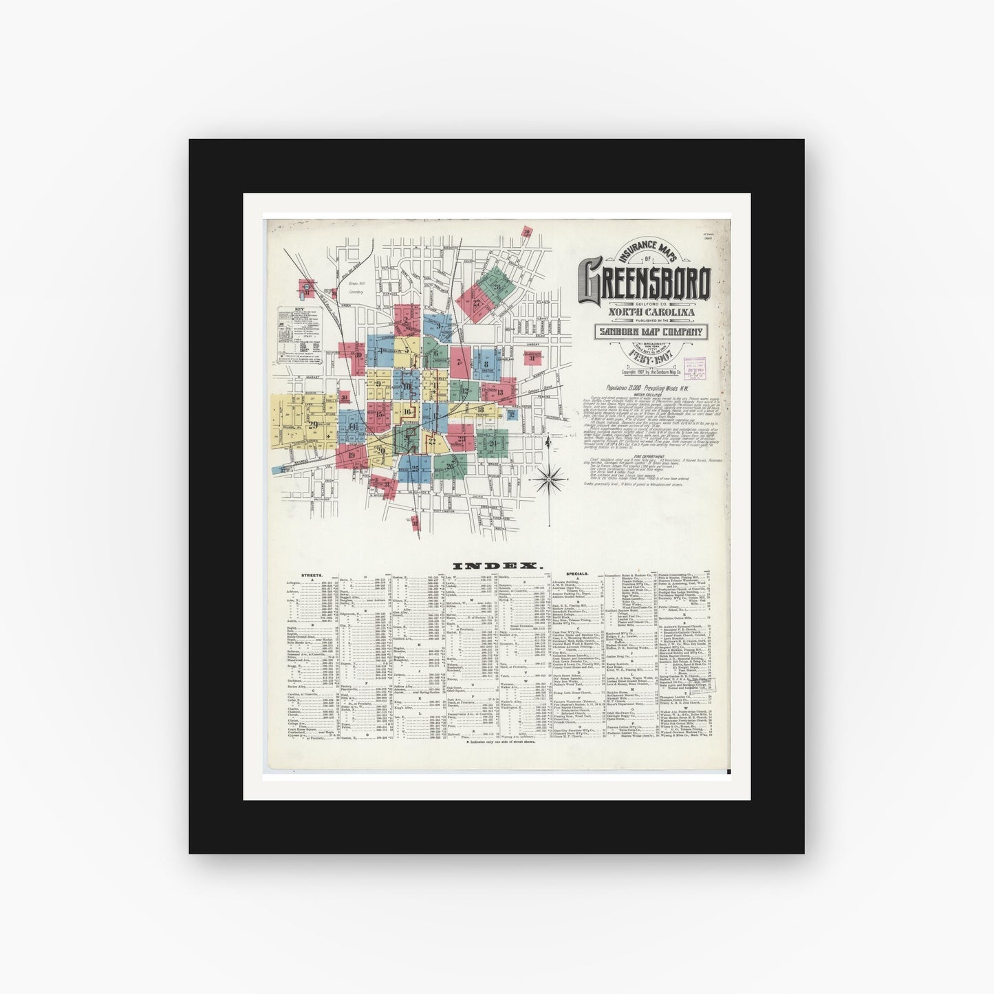 Old map wall art mockup — black gallery frame with white mat — Sanborn Fire Insurance Map from Greensboro, Guilford County, North Carolina (1907) - Complete Map Set