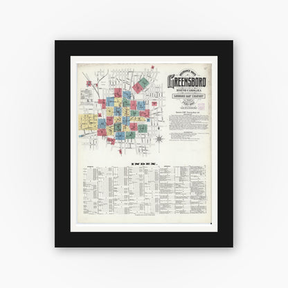 Old map wall art mockup — black gallery frame with white mat — Sanborn Fire Insurance Map from Greensboro, Guilford County, North Carolina (1907) - Complete Map Set