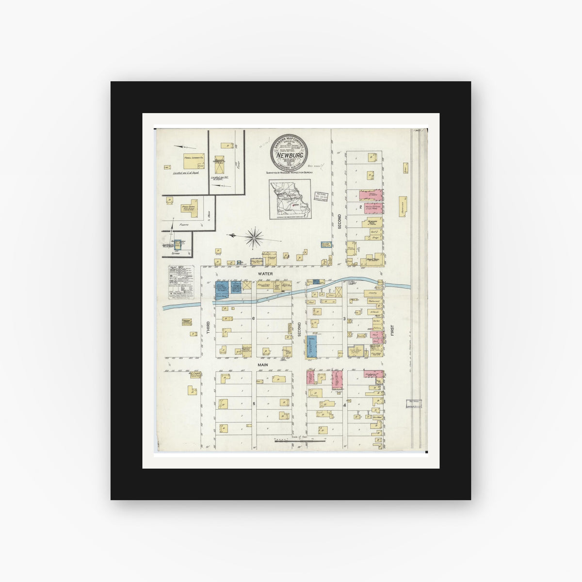 Old map wall art mockup — black gallery frame with white mat — Sanborn Fire Insurance Map from Newburg, Phelps County, Missouri (1919), Sheet #0001