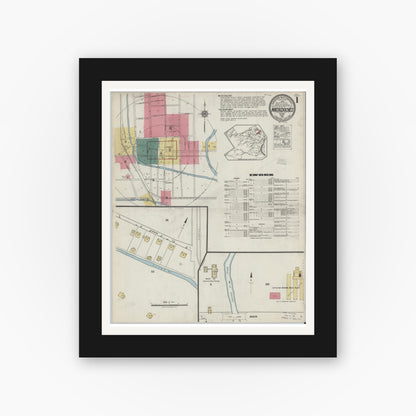 Old map wall art mockup — black gallery frame with white mat — Sanborn Fire Insurance Map from Nacogdoches, Nacogdoches County, Texas (1921), Sheet #0001