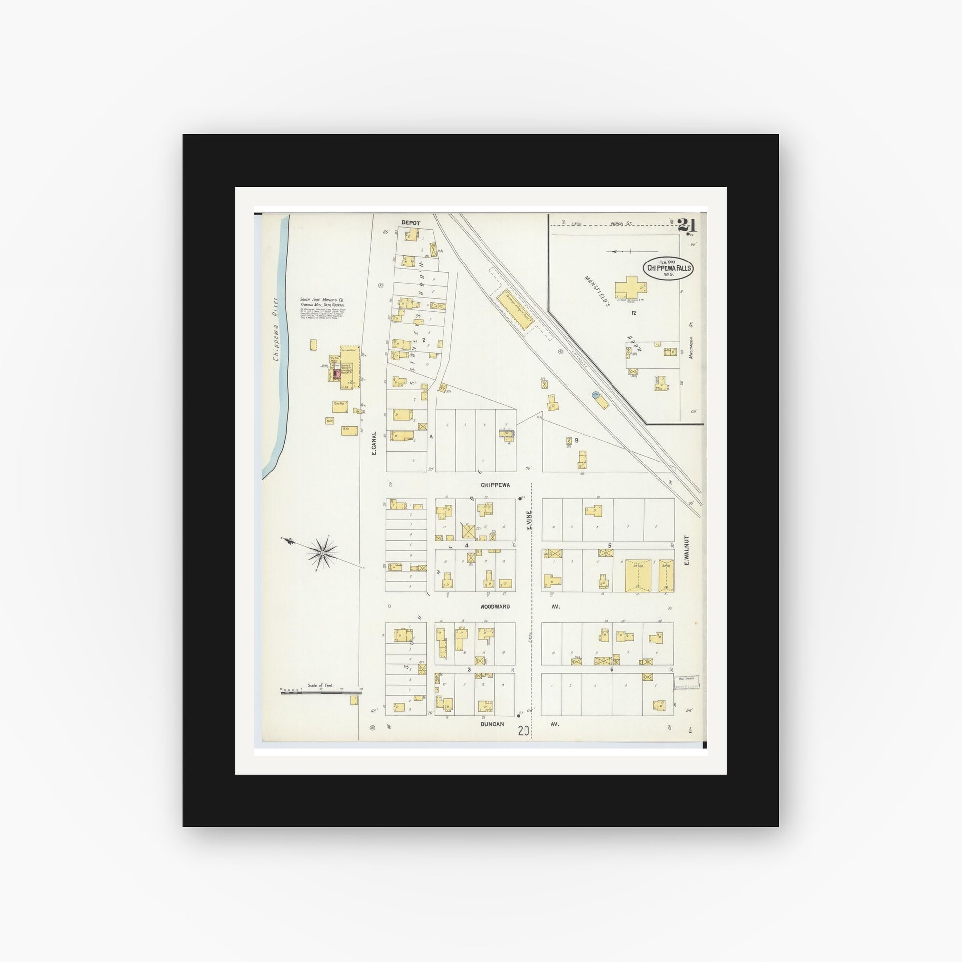 Old map wall art mockup — black gallery frame with white mat — Sanborn Fire Insurance Map from Chippewa Falls, Chippewa County, Wisconsin (1903), Sheet #0021
